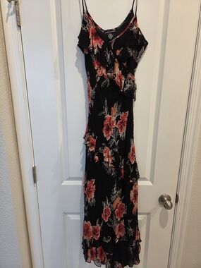 American Age Black Maxi Dress with Red Floral Print